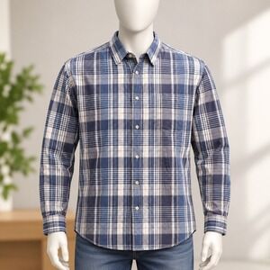 Basic Editions Plaid Button Down Shirt Mens XL Blue Long Sleeve Casual Pocket